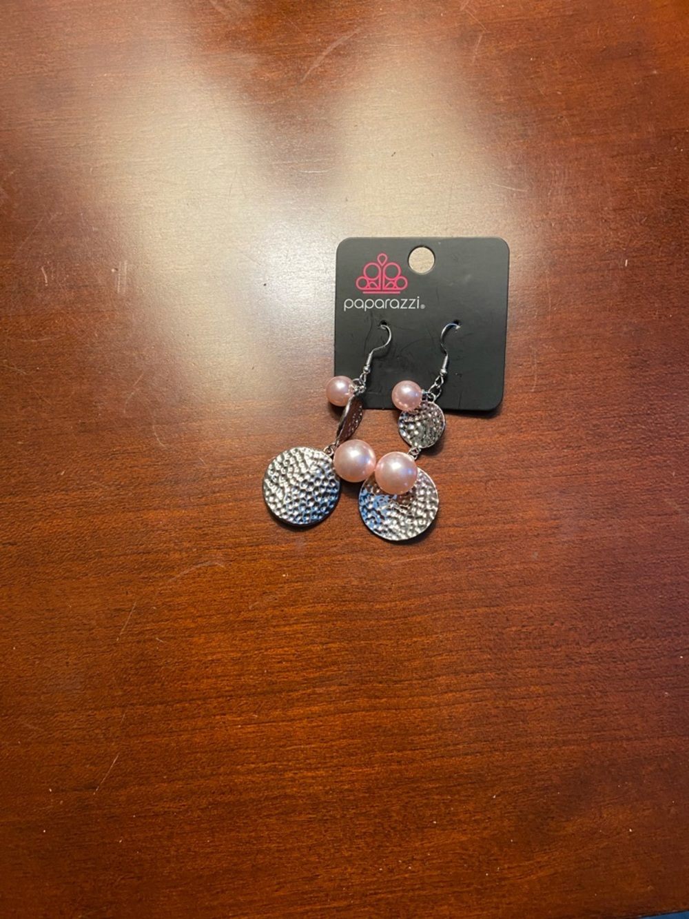 Paparazzi Blush Pearl and Textured Silver Disc Dangle Earrings